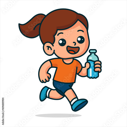 Cartoon girl running with water bottle vector illustration
