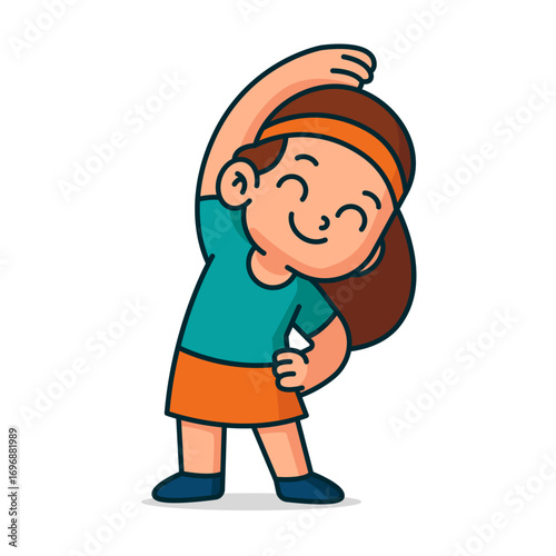 Cartoon girl doing side stretch exercise vector illustration