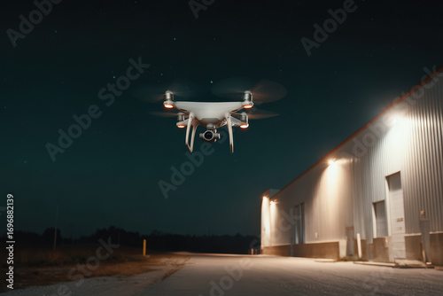 security drone patrols warehouse at night reacting to movement with ultrabright lights