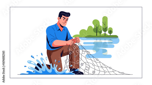 The Angler and His Net: A serene scene unfolds as a man skillfully repairs his fishing net, embodying the calm dedication required in the art of angling. The setting is a tranquil lakeside.