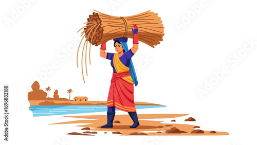 Woman Carrying Bundle: A woman in traditional attire carries a bundle of hay on her head, set against a backdrop of a rural landscape, symbolizing hard work and the simplicity of rural life.