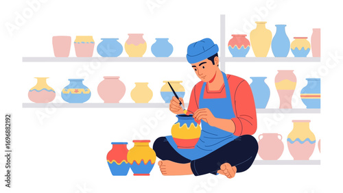 Potter's Touch: A craftsman, immersed in his craft, meticulously paints a vibrant design onto a pottery piece, showcasing the dedication of artisan skill.