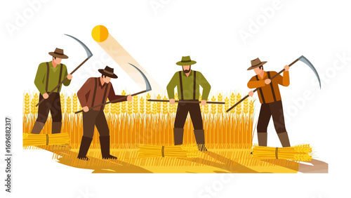 Harvest Harmony: A quartet of agricultural laborers diligently employ their scythes under the golden rays of the sun, amidst fields of ripe grain. Depicting rural labor with warmth and grace.