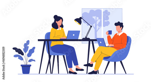 Two Faceless People Working at Desks with Laptops and Coffee.