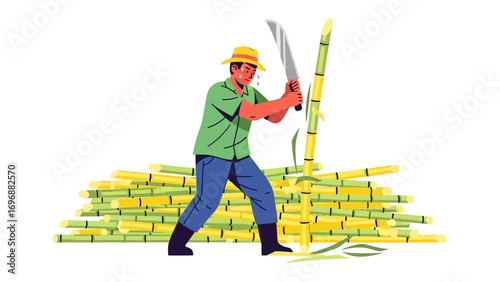 Harvesting Cane: An illustration of a farmer skillfully harvests sugarcane with a machete, showcasing the labor-intensive process behind agricultural production. 
