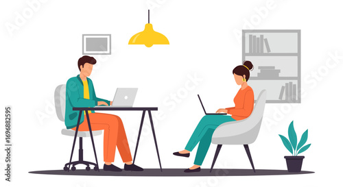 Two People Working on Laptops in a Minimalist Office Setting.