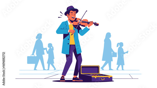 Melody of the Street: A street performer stands centered, playing his violin and adding his tune to the ambient and crowded street. A man is sharing his passion with people around him. 