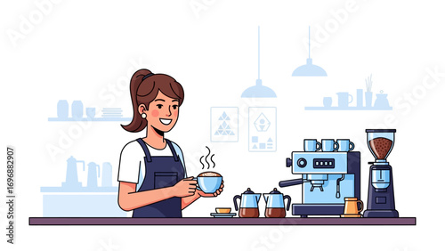 Coffee Shop Barista: A smiling barista, hair pulled into a ponytail, holds a cup of freshly brewed coffee, steam rising invitingly, against the backdrop of her impeccably organized workstation.