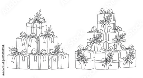 Black and white illustration of gift boxes stacked in a pyramid shape for holiday decorations and presents