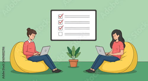 Two women working on laptops in yellow beanbags with a checklist.