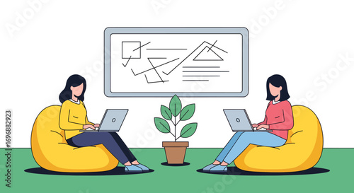 Two Women Working on Laptops in Beanbag Chairs with Whiteboard.