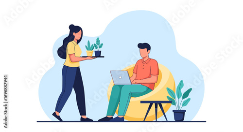 Woman carrying plants to a man working on a laptop in a beanbag chair.