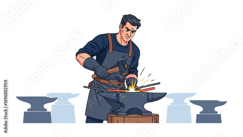 Artisan Crafting Steel: A focused artisan, meticulously shaping steel with a hammer on an anvil, sparks flying as he practices his age-old craft. The image is dynamic and captivating.