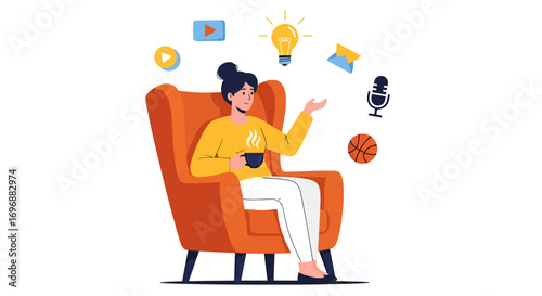 Woman in Orange Armchair with Coffee Surrounded by Creative and Recreational Icons.