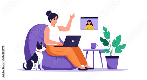 Woman in Orange Pants on Video Call with Dog Sitting Beside Purple Beanbag.