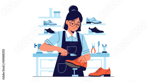 Artisan's Workshop: A skilled artisan meticulously works on a shoe within a well-organized workshop setting.