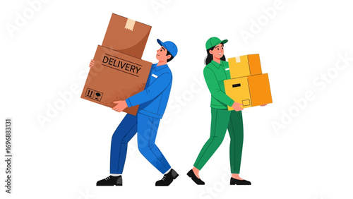 Efficient Delivery Duo: Two delivery personnel, one male and one female, carry packages with determination. The illustration conveys concepts of logistics and service.