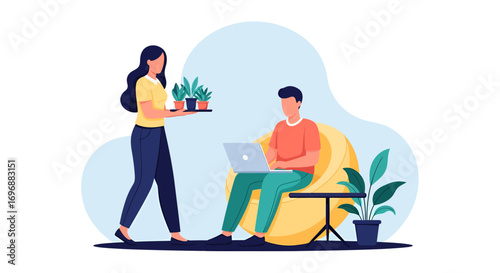 Woman Serving Potted Plants to Man Working on Laptop in Beanbag Chair.