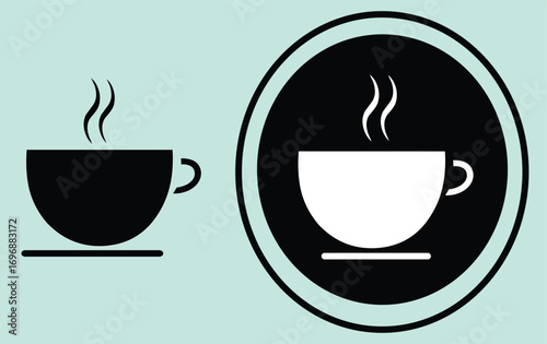 Two coffee cup icons one black and one white in a black circle on a light background