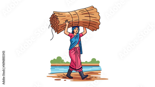 Village Woman Carrying Bundle: A graphic illustration captures a village woman gracefully balancing a heavy bundle on her head, showcasing a timeless scene of rural life.