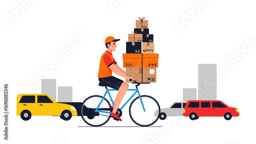 Efficient Courier's Journey: A dedicated courier skillfully navigates city streets on a bicycle, laden with a towering stack of packages, representing efficient, sustainable delivery service.