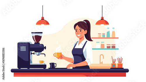 Barista and Coffee Shop Ambiance: An illustrated barista, expertly preparing coffee with a professional machine, creating a warm, inviting atmosphere of a bustling coffee shop.