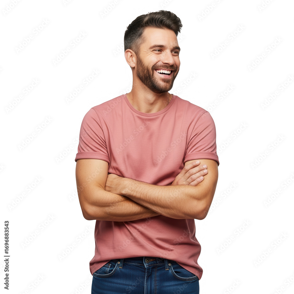 Obraz premium Smiling man with crossed arms wearing a pink t-shirt and jeans transparent background