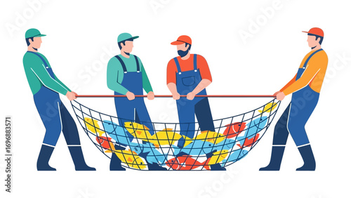 Fishermen's Haul: A group of fishermen working together to haul a large net filled with vibrant fish. Emphasizing teamwork and the reward of a successful catch.