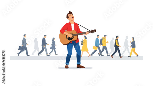 Street Musician Serenade: An animated street musician serenades passersby with his acoustic guitar, creating a melody on the bustling street amidst a blur of anonymous individuals. 
