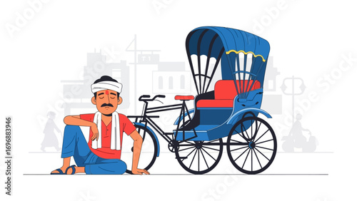 Rickshaw Relax: A charming illustration depicts a rickshaw and its driver in a moment of repose against a backdrop of subtle urban elements, this art celebrates the everyday essence.