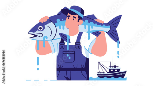 Fisherman's Bounty: A fisherman, bearing a hefty fish on his shoulders, stands beside a fishing vessel, symbolizing the rewarding culmination of his craft.