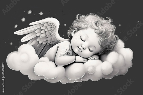 Angel sleeping on the cloud isolated on the dark grey background