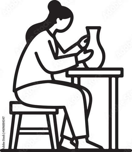 Vector art of line art illustration of a woman sitting at a pottery wheel, shaping a vase with her hands