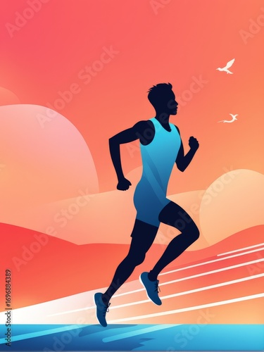 A silhouette of a person running against an abstract sunset background