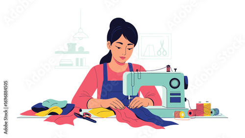 Woman at Sewing Machine: A focused woman skillfully operates a sewing machine, creating a fabric garment in a bright and airy room with all the tools of her trade.