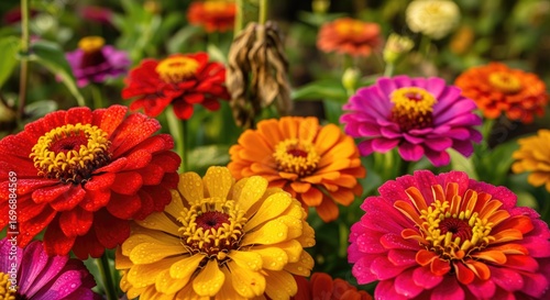 Colorful close up of vibrant zinnia flowers in full bloom.