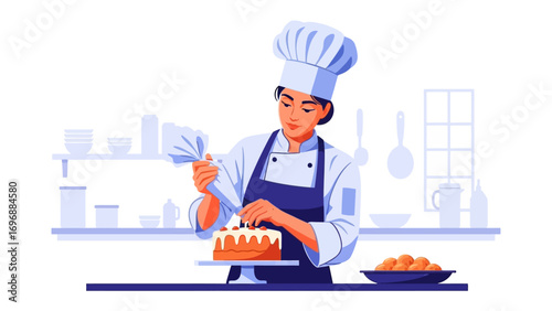 Cake Creation: A skilled pastry chef meticulously decorates a delicious cake with precision, representing artistry and the passion for baking.