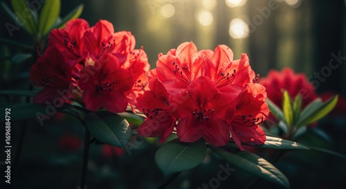 Vibrant red rhododendron flowers blooming in a garden, illuminated by sunlight.
