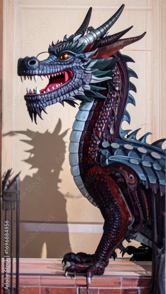 Fototapeta premium A detailed sculpted dragon, boasting intricate detailing and vibrant colors, stands proudly against a light beige backdrop.