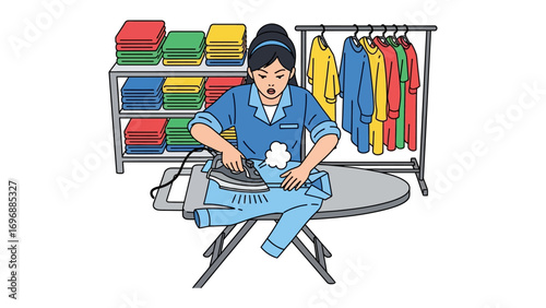 The Art of Crispness: A focused garment worker expertly irons clothes in a clean, well-organized laundry environment, showing professionalism and attention to detail. 