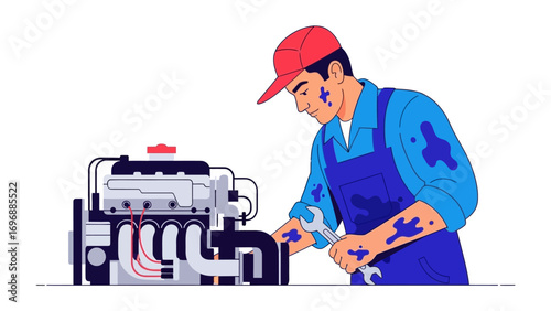 Mechanic Analyzing Machine : A skilled mechanic meticulously examines an engine, demonstrating expertise and dedication in a stylized illustration of the profession.