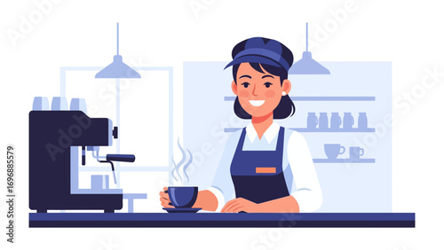 A Coffee Artist at Work: A friendly barista at a bustling cafe prepares a cup of coffee, embodying the essence of warmth and artisanal craft with the perfect blend of art and satisfaction.