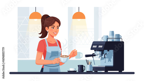 Barista's Coffee Moment: A skilled barista, adorned in a clean apron, delicately holds a cup of freshly brewed coffee, ready to serve at a professional espresso machine