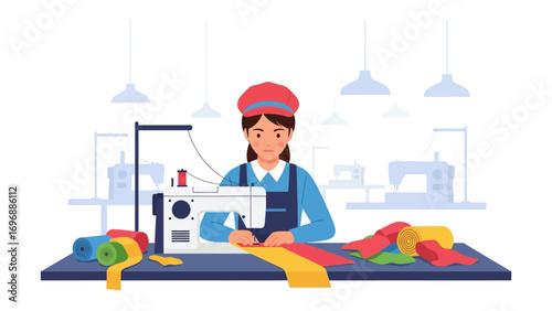 Crafting Creations: A focused artisan meticulously operates a sewing machine, surrounded by vibrant spools of colorful fabric and the tools of her trade, embodying craftsmanship and skill.