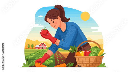 Harvest Bounty: A vibrant illustration captures a woman immersed in the joy of the harvest, surrounded by a landscape brimming with nature's finest offerings. A celebration of agriculture, health.