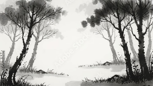 Minimalist Ink Painting of a Forest - A serene black and white ink painting depicts a minimalist forest scene.