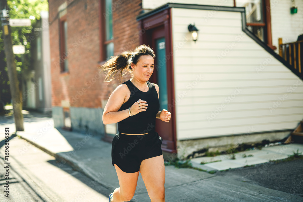 Fototapeta premium woman running outdoors, middle aged woman in sportswear.
