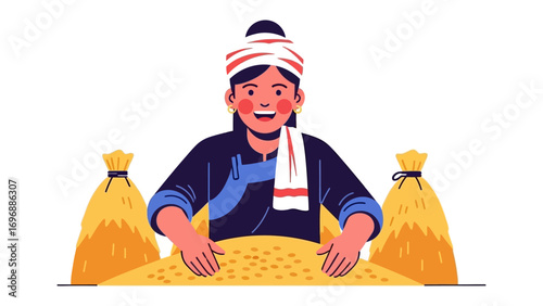 Harvesting the Yield: A smiling farmer harvests grains under the sun, the essence of rural life, capturing the simplicity of a good day.