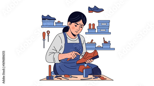 Artisan at Work: A dedicated craftsperson meticulously repairs a leather shoe, demonstrating precision and passion in their trade. Capturing the timeless art of craftsmanship.