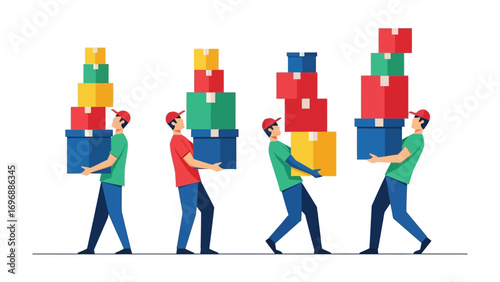 Heavy Load of Delivery: An illustration shows a team of delivery workers carefully maneuvering stacks of brightly colored boxes, symbolizing effort and efficiency.